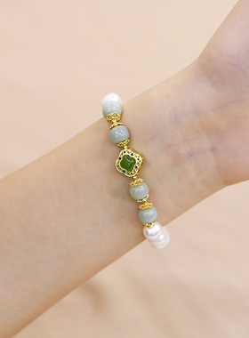 国潮天然淡水珍珠手链和田玉手串