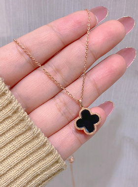 双面黑白两色四叶花草项链玫瑰金