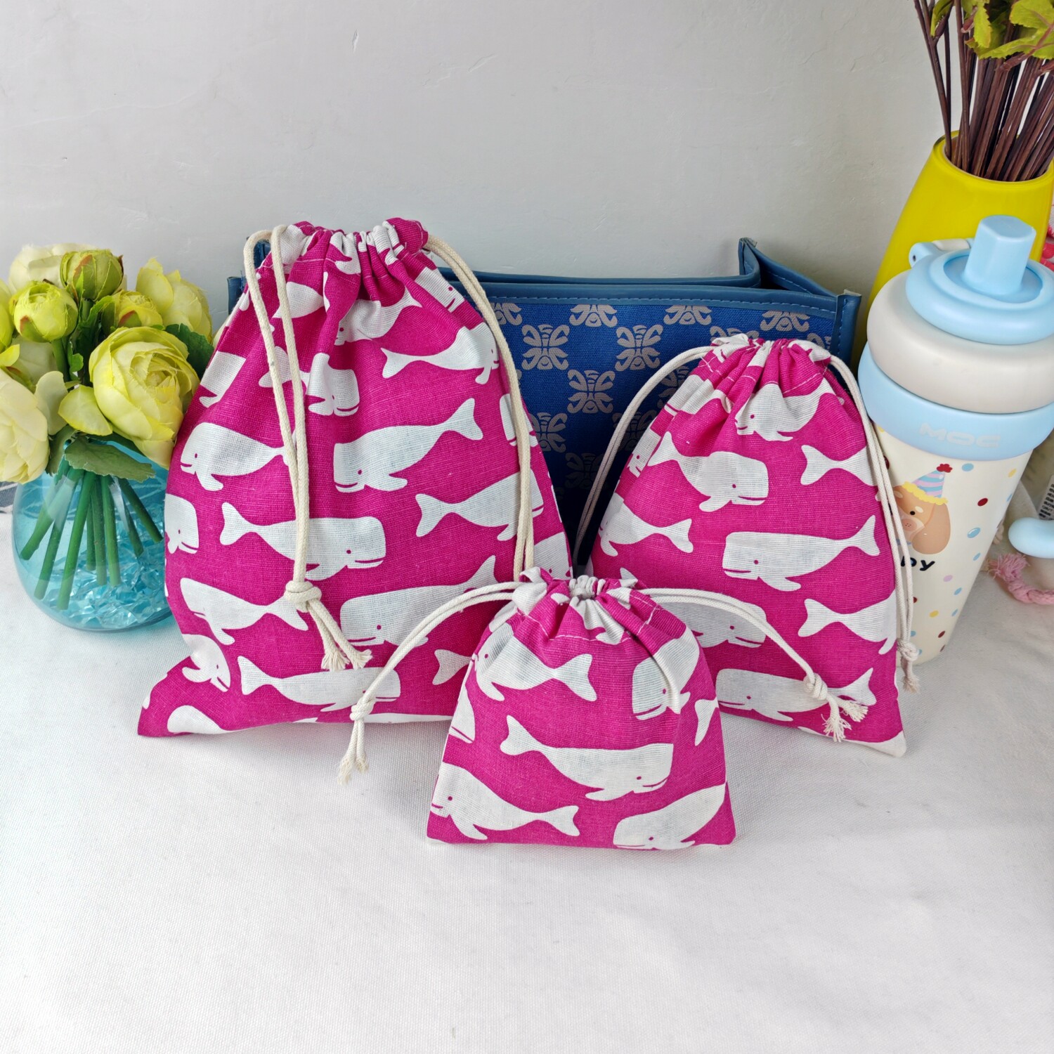 Whale cotton and linen storage bag drawstring drawstring dustproof cloth bag