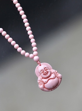 天然深海珊瑚贝弥勒佛毛衣链女款