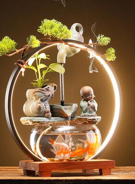 小型鱼缸桌面客厅电视柜招财流水摆件创意家居书桌装饰品开业礼品