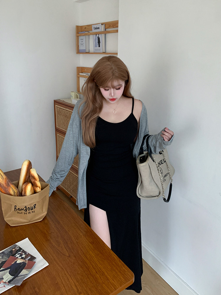 阿Yo姐姐大码辣妹小众设计感高开叉鱼尾吊带裙胖mm性感连衣裙开衫