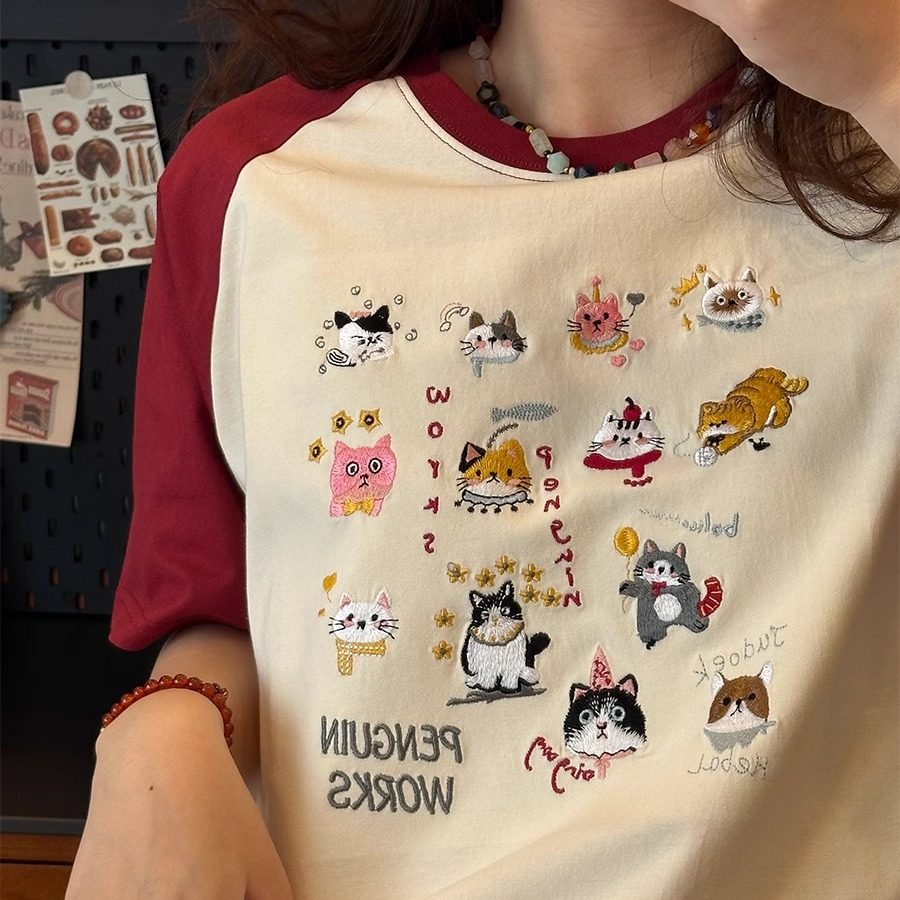 美式复古vintage可爱猫咪重工刺绣插肩拼色纯棉休闲男女情侣T恤潮,淘宝优惠券,粉丝福利购,淘宝优惠卷