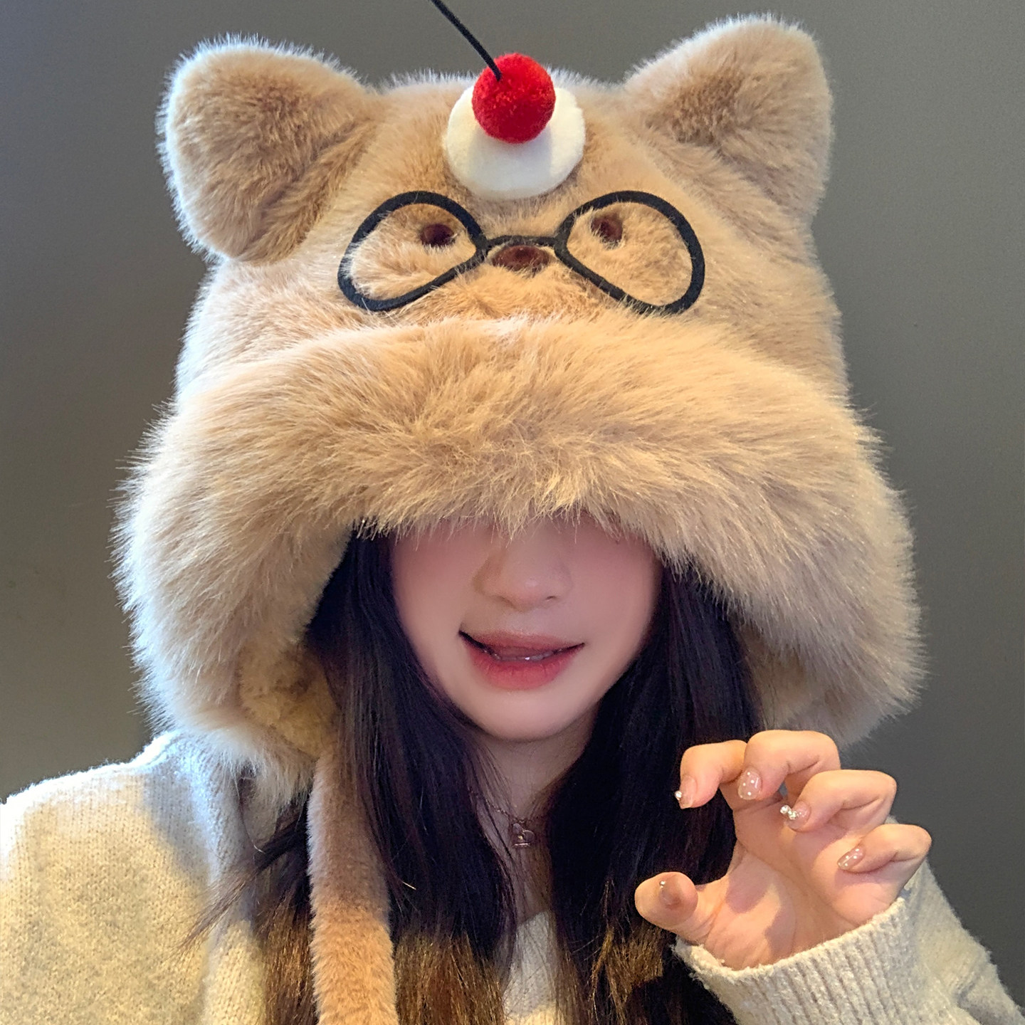 可爱蛋糕眼镜小熊毛绒帽子女秋冬加绒加厚保暖骑车防寒护耳雷锋帽