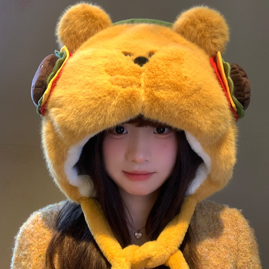 Cute burger bear plush hat for women to keep warm in autumn and winter