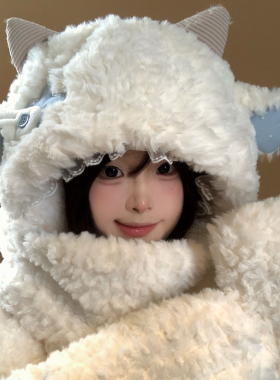 可爱小羊毛绒帽子围巾手套一体女