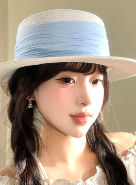 法式蓝色织带平顶草帽女百搭礼帽