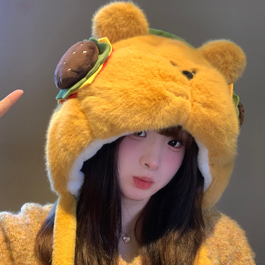 Cute burger bear plush hat for women to keep warm in autumn and winter
