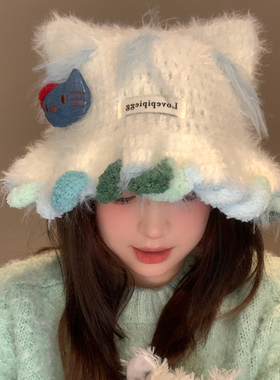 可爱Kitty猫毛绒针织帽子女秋冬