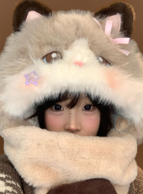 可爱猫咪毛绒帽围巾一体女冬季