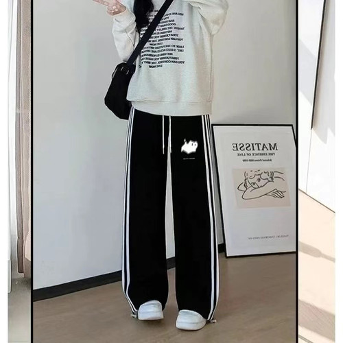女童裤子外穿2026春秋冬白灰条纹运动裤中大童宽松卫裤阔腿直筒裤 - 图1