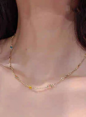 彩虹宝石复古甜酷颈链彩色锆石森系项链韩版简约锁骨链小众氛围感