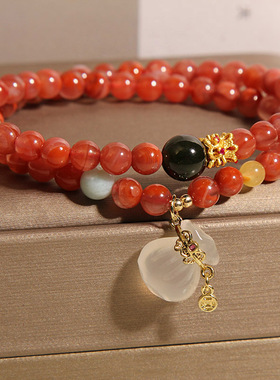 天然南红玛瑙双圈手链女轻奢小众精致高级感白色玉髓钱袋招财手串