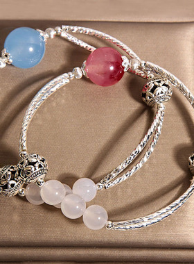 新中式樱花珠水晶手链女轻奢小众精致海蓝宝白玛瑙手串高级感手饰