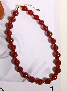 天然红玛瑙串珠项链女轻奢复古高级感优雅红色颈链气质百搭锁骨链