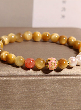 天然金虎眼石手链女新中式轻奢小众精致珍珠水晶手串高级感手饰品