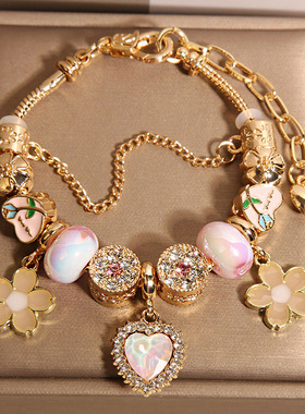 新中式粉色琉璃珠手链女轻奢小众高级感气质爱心花朵吊坠手串手环