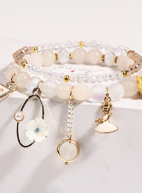 简约风森系姐妹花朵吊坠水晶手链