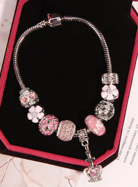 韩版森系学生粉色吊坠手镯琉璃珠