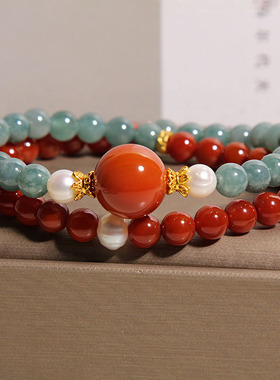 天然南红玛瑙双圈手链女轻奢小众高级感招财转运蓝水翡翠叠戴手串