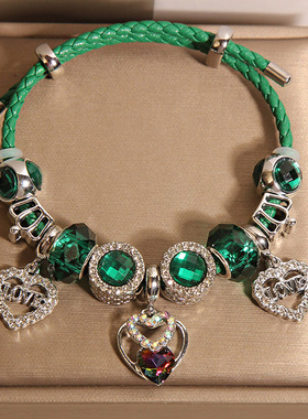 绿野仙踪潘家风格手镯女轻奢小众韩版森系绿色琉璃珠爱心吊坠手链