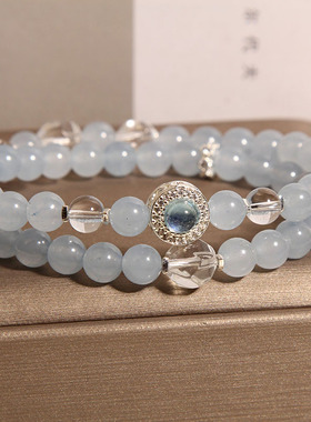 新中式海蓝宝白水晶双圈手链女款轻奢小众海蓝宝魔盒转运水晶手串