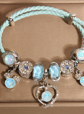 新中式天蓝色琉璃珠手链女轻奢小众精致时尚爱心米奇吊坠手串手环