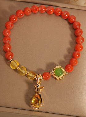 冰飘南红玛瑙钱袋手链女蜜蜡手串