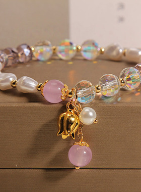珍珠水晶手链女铃兰花吊坠手串