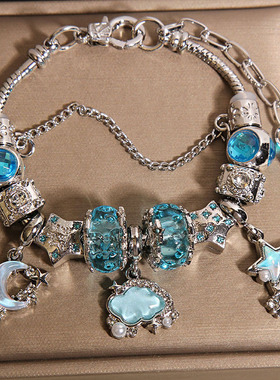 新中式蓝色琉璃珠手链女款轻奢小众高级感星月云朵手串送闺蜜礼物