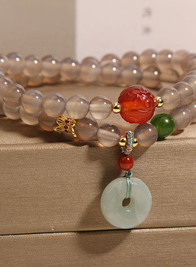 灰玛瑙双圈串珠手链女平安扣手串