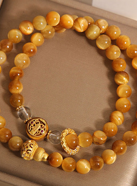 新中式天然金虎眼石双圈手链女轻奢小众复古五路财神叠戴水晶手串