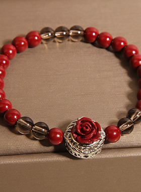 新中式安哥拉红贝珠水晶手链女款轻奢小众精致百搭紫金砂花朵手串