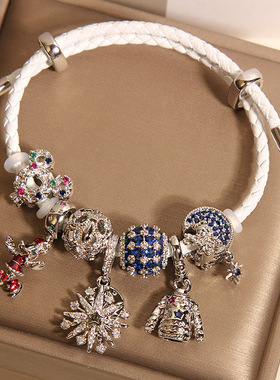 潘家蓝色璀璨星月白色皮绳手镯女轻奢小众精致高级感雪花吊坠手链