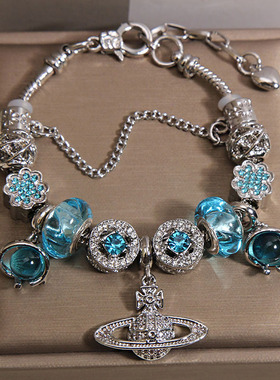 潘家风格蓝色琉璃珠手链女韩版ins小众轻奢复古星球吊坠手串手环