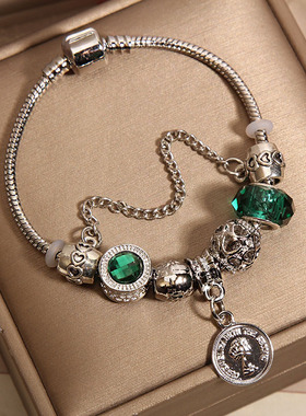 潘家风格手链女复古绿钱币手镯