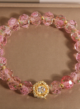新中式粉水晶手链女款轻奢小众精致玫瑰花琉璃手串送学生闺蜜礼物