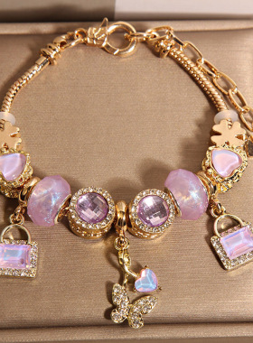 新中式薰衣草紫色琉璃珠手链女款轻奢小众精致高级感蝴蝶吊坠手串