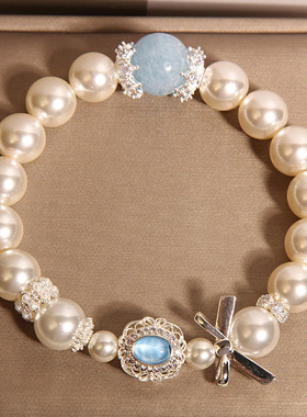 新中式天然海蓝宝珍珠手链女款轻奢小众高级感海蓝宝魔盒手串手环