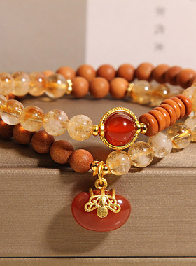 天然黄塔晶檀香双圈手链女轻奢小众高级感精致叠戴玛瑙相思豆手串