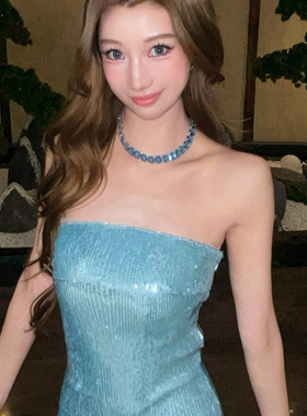 蓝调时刻 华子超闪渐变蓝色方形仿水晶项链颈链高级配饰晚宴珠宝