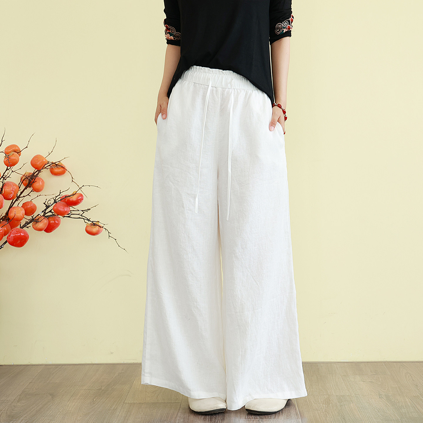 文艺休闲纯色亚麻阔腿裤女夏春款宽松时尚百搭松紧腰休闲裤长裤子,淘宝优惠券,粉丝福利购,淘宝优惠卷
