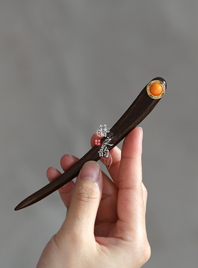 簪之韵【宝悦】檀木发簪花钗蜜蜡珠装饰珐琅彩大叶紫檀盘发古风女