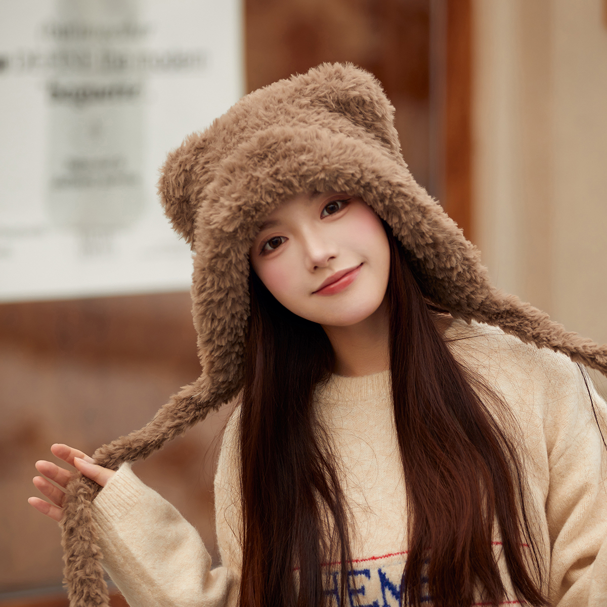 小熊耳朵毛绒帽子女冬天绑带护耳保暖雷锋帽甜美可爱显脸小毛线帽 - 图0