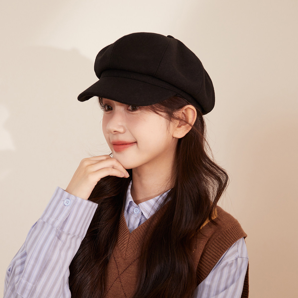 秋冬大帽顶纯色八角帽女高级感灰色厚款毛呢贝雷帽气质复古报童帽,淘宝优惠券,粉丝福利购,淘宝优惠卷