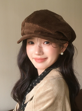 林小橘秋季纯色复古灯芯绒报童帽