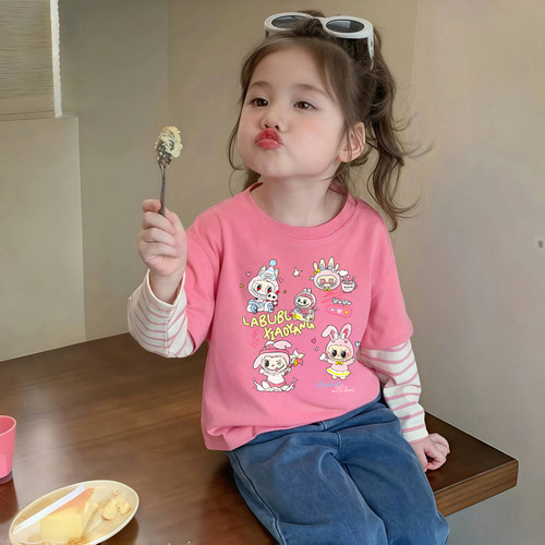 拉布布女童长袖t恤假两件纯棉条纹拼接打底衫女宝宝春秋穿搭上衣 - 图0
