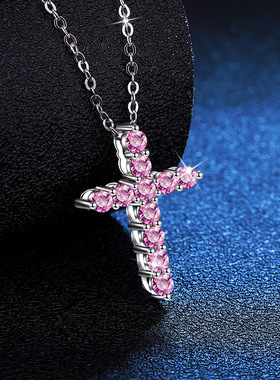 日韩嘻哈满钻彩色莫桑石吊坠s925纯银项链女经典十字架莫桑石
