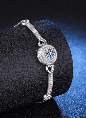 欧美跨境925纯银手链女莫桑钻手镯豪华圆包高级感1克拉莫桑石