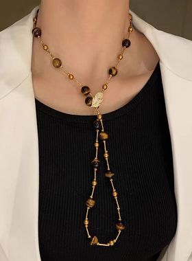 美拉德天然虎眼石珍珠串珠项链女复古轻奢小众长款叠戴卫衣链